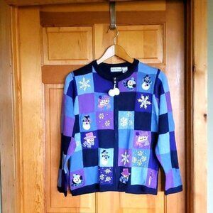 B.P. Design Sz L Blue Embellished & Embroidered Holiday Full Zip Tassel Cardigan